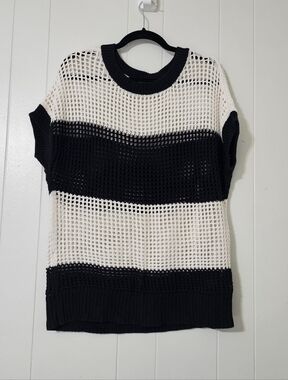 LOFT XL Open Knit Top Black White Stripe Crochet Short Sleeve